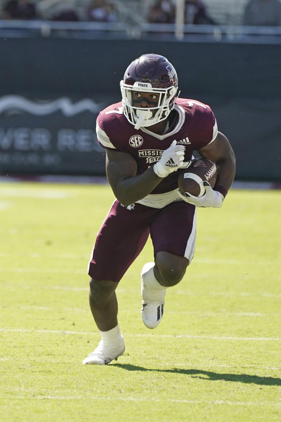Mississippi State running back Jo'quavious Marks (7) runs upfield during the first half of an NCAA college football game against Arkansas in Starkville, Miss., Saturday, Oct. 8, 2022. (AP Photo/Rogelio V. Solis)