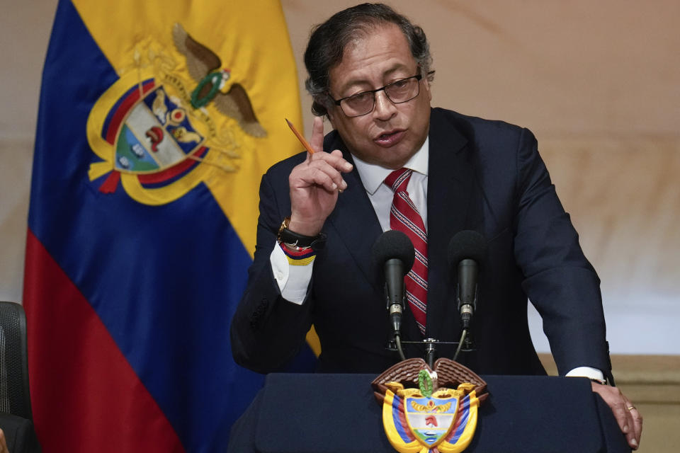 FILE - Colombia's President Gustavo Petro delivers a speech during the inauguration of a congressional session in Bogota, Colombia, on July 20, 2023. Colombian police arrested the president's son Saturday July 29, 2023 as part of a high-profile money laundering probe into funds he allegedly collected during last year’s presidential campaign. (AP Photo/Fernando Vergara, File)