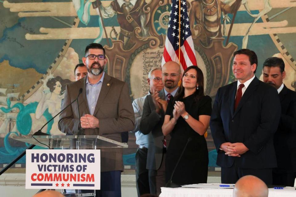 State Sen. Manny Diaz Jr., speaks during the Honoring the Victims of Communism press conference at the Freedom Tower in Miami on Monday, May 9, 2022.