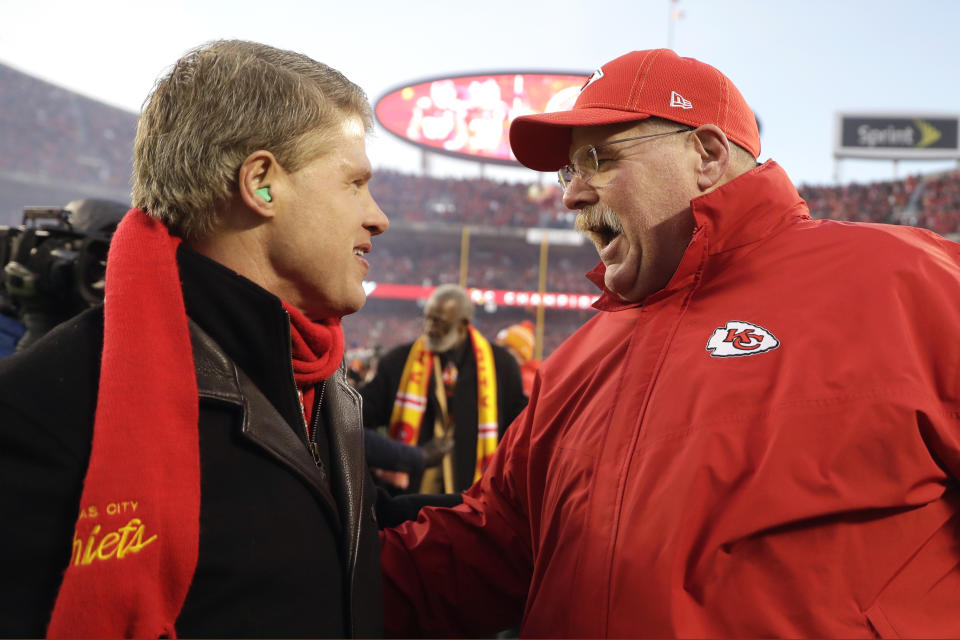 Kansas City Chiefs head coach Andy Reid, right, and Kansas City Chiefs part owner, Chairman and CEO Clark Hunt celebrate after the NFL AFC Championship football game against the Tennessee Titans Sunday, Jan. 19, 2020, in Kansas City, MO. The Chiefs won 35-24 to advance to Super Bowl 54. (AP Photo/Jeff Roberson)