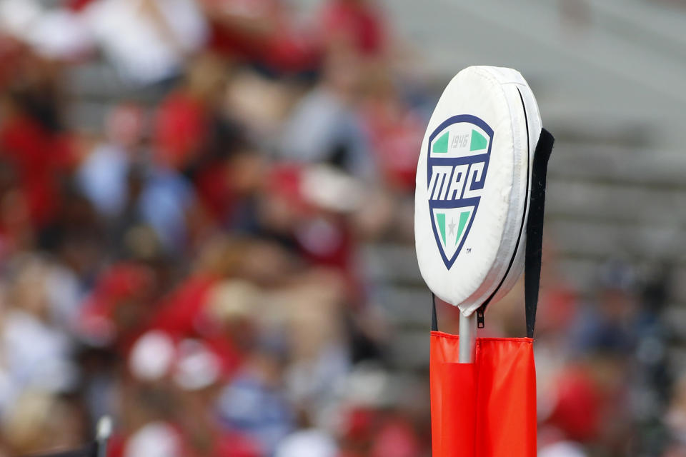 A MAC logo on the first-down marker during a game between the Buffalo Bulls and the Miami of Ohio RedHawks on Sept. 28, 2019. (Justin Casterline/Getty Images)