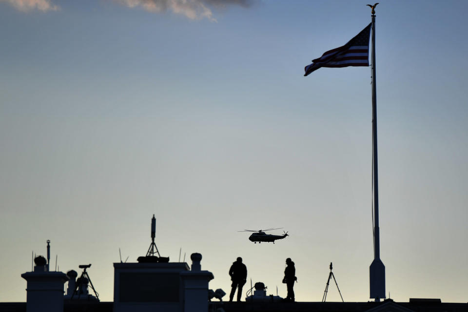 <p>Marine One lifts off, carrying Donald Trump and Melania Trump as they depart from the White House. </p>