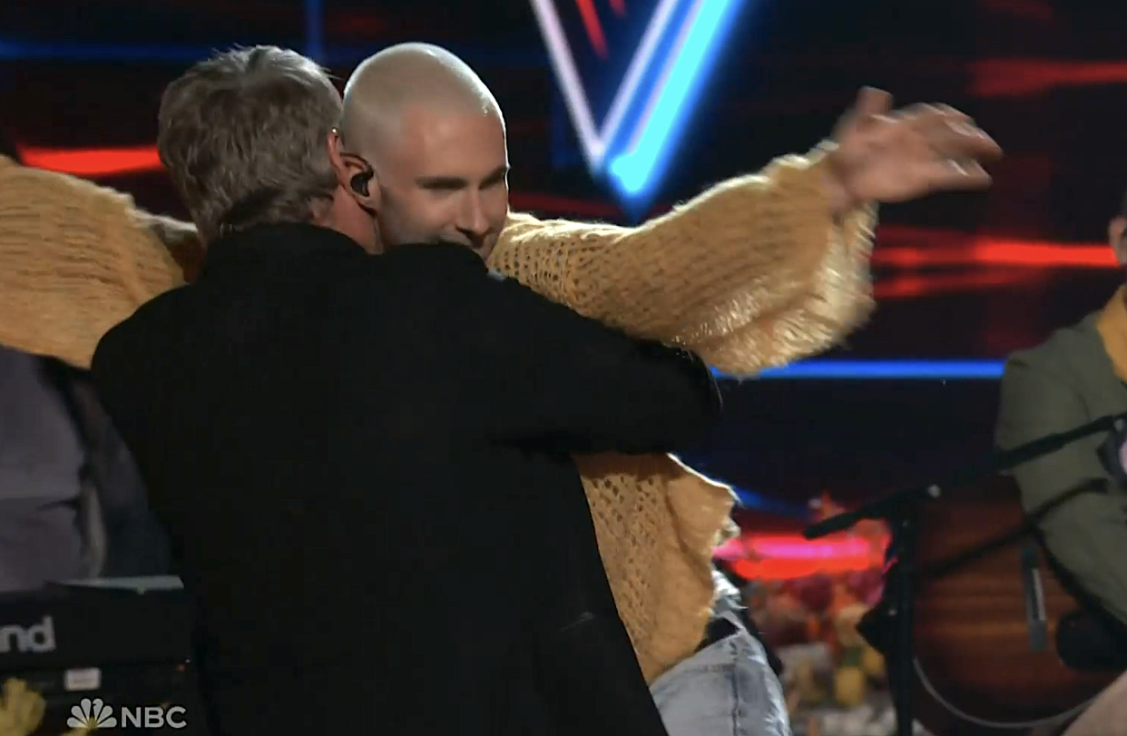 Blake Shelton hugs Adam Levine as tjhey reunite for 'The Voice' Seaosn 23 finale. (Photo: NBC)