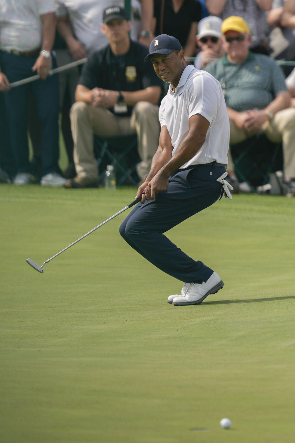 Tiger Woods reacts after missing a putt on the second hole during the first round of the Masters golf tournament at Augusta National Golf Club on Thursday, April 6, 2023, in Augusta, Ga. (AP Photo/David J. Phillip)