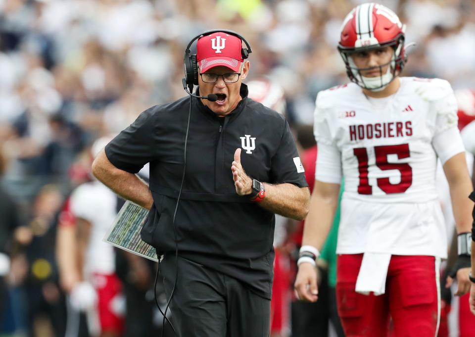 Oct 28, 2023; University Park, Pennsylvania, USA; Indiana Hoosiers head coach Tom Allen reacts on the sideline during the fourth quarter against the Penn State Nittany Lions at Beaver Stadium. Penn State defeated Indiana 33-24. Mandatory Credit: Matthew O'Haren-USA TODAY Sports