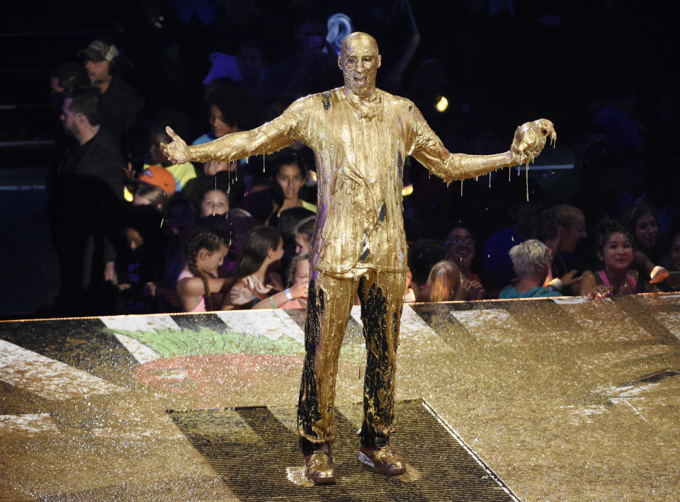 This is not Kobe Bryant’s Hall of Fame bust. This is him getting slimed at the Kids’ Choice Sports Awards. (AP)