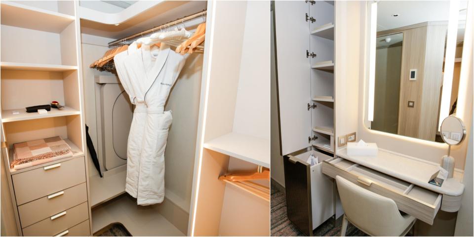 composite of walk-in closet and vanity in deluxe veranda suite on Silversea Silver Ray with