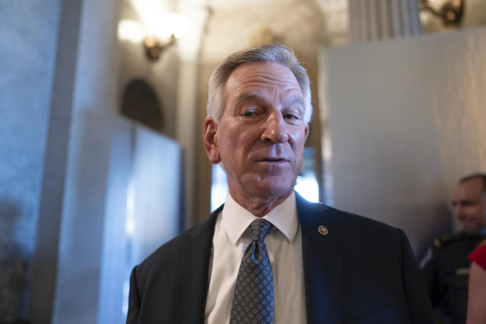 FILE - Sen. Tommy Tuberville, R-Ala., a member of the Senate Armed Services Committee, talks to reporters as he and other senators arrive at the chamber for votes, at the Capitol in Washington, Sept. 6, 2023. Republican senators angrily challengedTuberville on his blockade of almost 400 military officers Wednesday evening, Nov. 1, taking over the Senate floor for hours to call for individual confirmation votes after a monthslong stalemate on the issue.(AP Photo/J. Scott Applewhite)