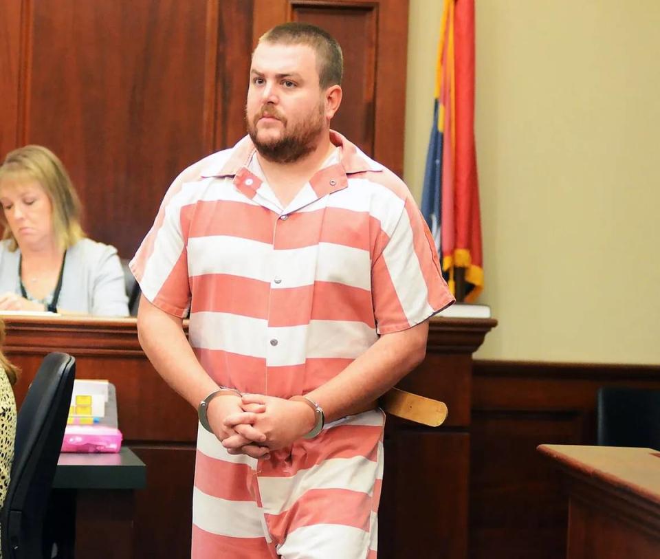 Former Rankin County law enforcement officer Christian Dedmon, enters Rankin County Circuit Court, where he pled guilty to all charges before Judge Steve Ratcliff, Aug. 14, 2023 in Brandon.