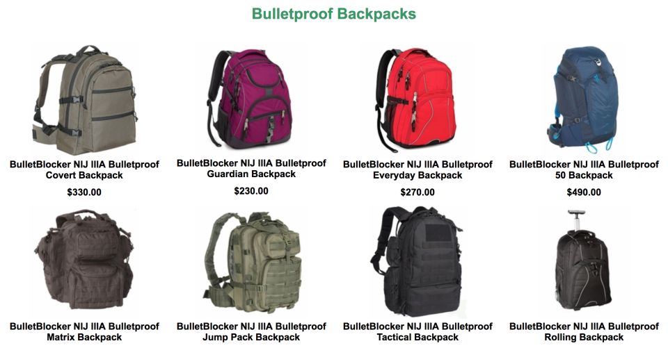 Some of the bulletproof backpacks for sale on Bullet Blocker. (Bullet Blocker)