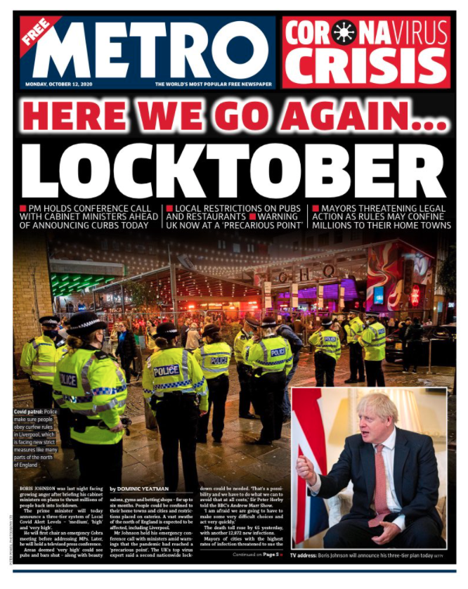 Metro marks news of the three-tier lockdown with the headline 'Locktober'.