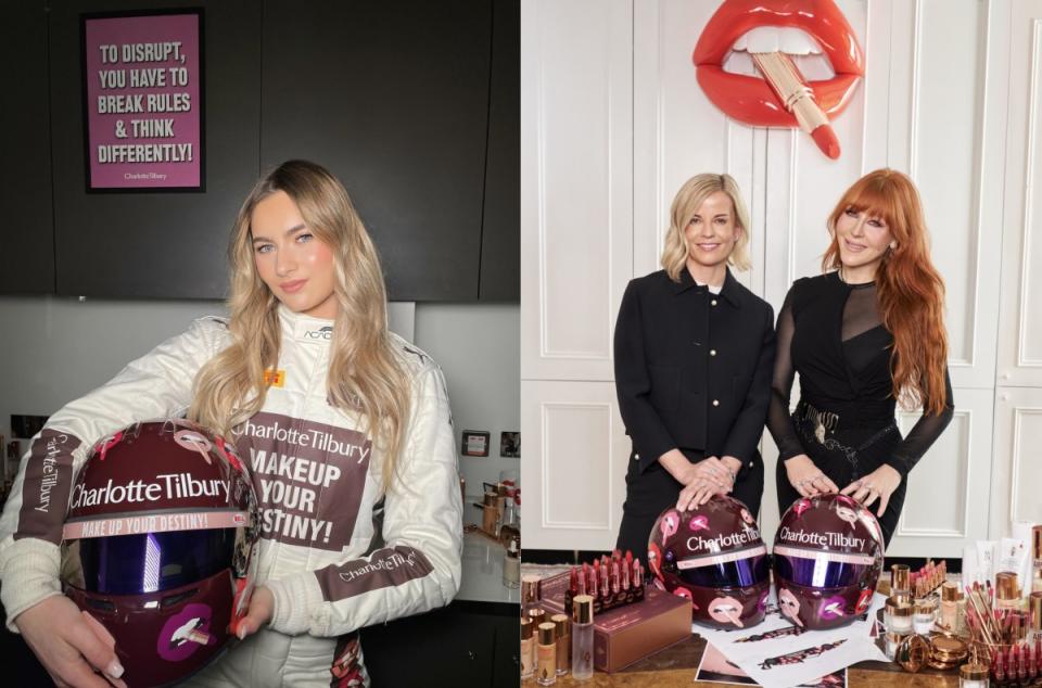 At left, Lola Lovinfosse in her Charlotte Tilbury racing suit. At right, Susie Wolff, managing director of F1 Academy (L) and Charlotte Tilbury (R).<p>Photos: Courtesy of F1 Academy Limited</p>