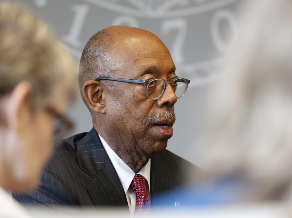 Ohio State University president Michael Drake answers questions during an interview about the accusations against former Ohio State team doctor Richard Strauss Friday, May 17, 2019, in Columbus, Ohio. An investigation found that Strauss sexually abused at least 177 athletes from at least 16 sports as well as others from his work at the student health center and his off-campus clinic. (AP Photo/Jay LaPrete)