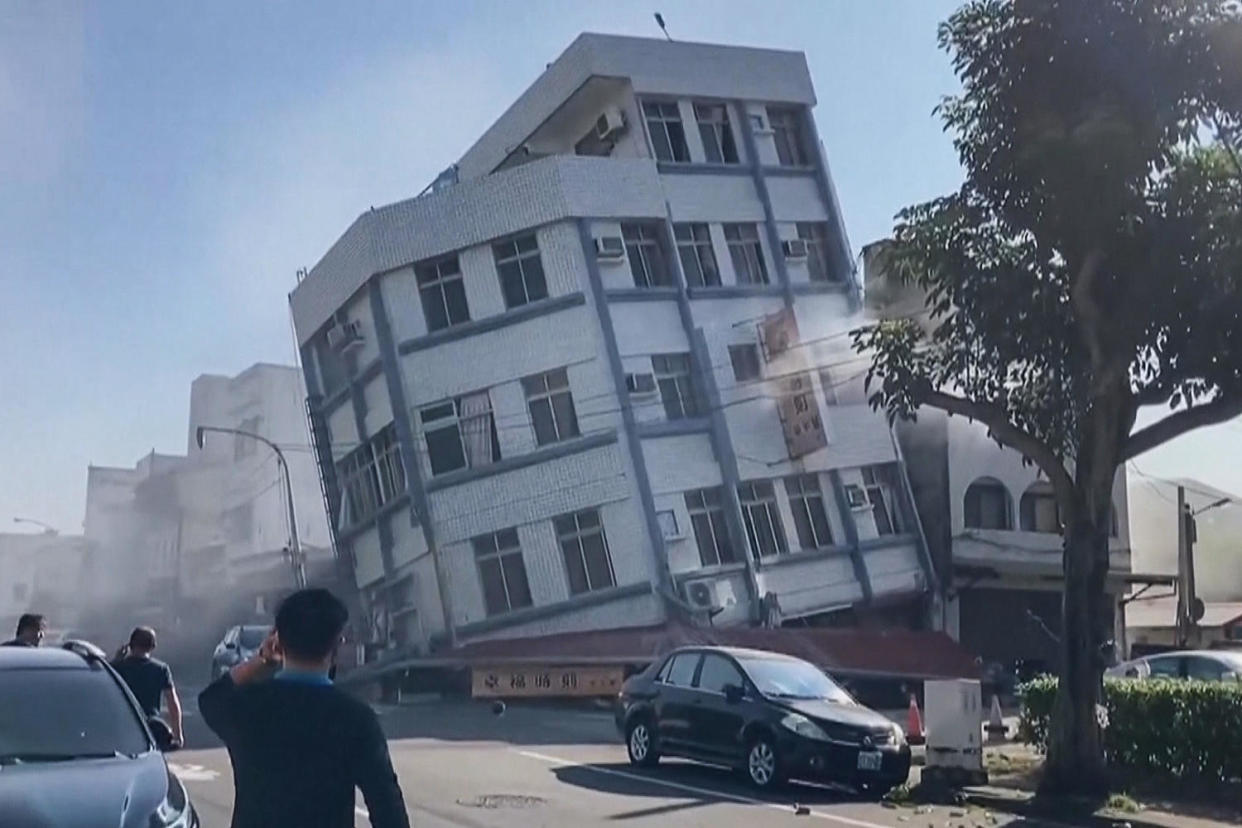 A damaged building in Hualien City, Taiwan, after an earthquake (TVBS via AP)