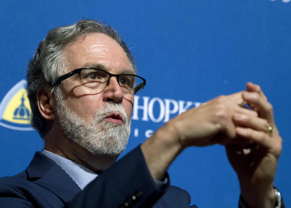 Professor Gregg L. Semenza speaks during a news conference after he was awarded the Nobel Prize for Physiology or Medicine at Johns Hopkins Medicine Hospital in Baltimore, Monday, Oct. 7, 2019. Semenza shares the prize with Drs. William G. Kaelin Jr. and Peter J. Ratcliffe for their discoveries of how cells sense and adapt to oxygen availability, the Nobel Committee announced Monday. (AP Photo/Jose Luis Magana)