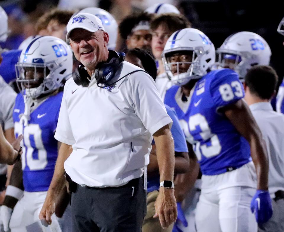 MTSU head coach Rick Stockstill on the sidelines during the game against the TSU on Saturday, Sept. 17, 2022, at MTSU's home opener. 