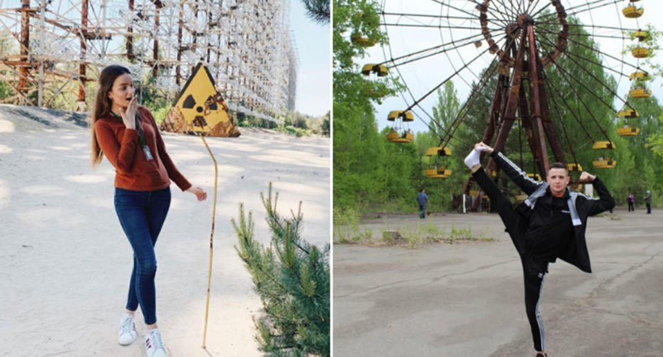 A woman feigns shock looking at a nuclear warning sign while a man poses with his leg kicked high in the air in front of a ferris wheel. Both were taken at Chernobyl and uploaded to Instagram.