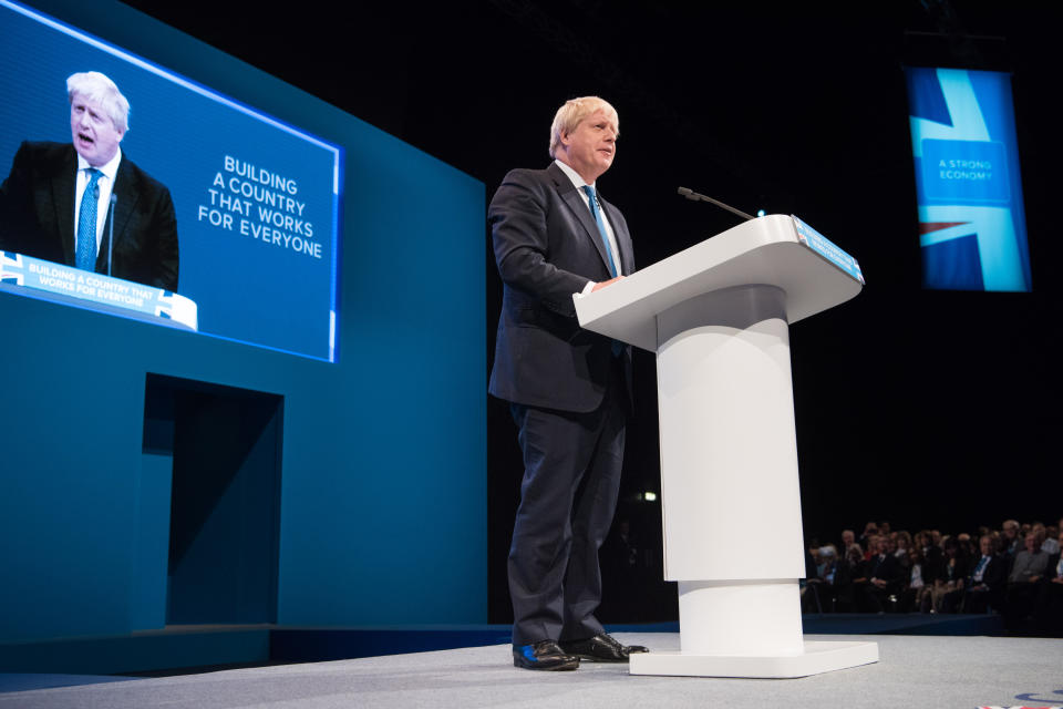 Foreign Secretary Boris Johnson makes a speech during the Conservative Party Conference, at the Manchester Central Convention Complex in Manchester. Picture date: 3 October, 2017. Photo credit should read: Matt Crossick/ EMPICS Entertainment.