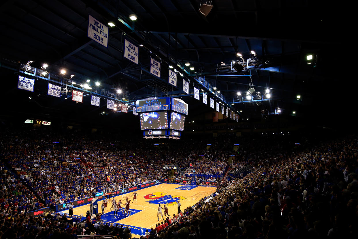 LAWRENCE, KS - NOVEMBER 24:  A general view during the game between the Rider Broncs and the Kansas Jayhawks at Allen Fieldhouse on November 24, 2014 in Lawrence, Kansas.  (Photo by Jamie Squire/Getty Images)