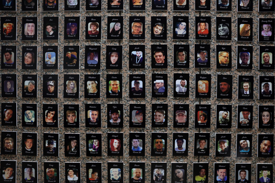 Dozens of thumbnail photos arrayed in a grid show victims of fentanyl.