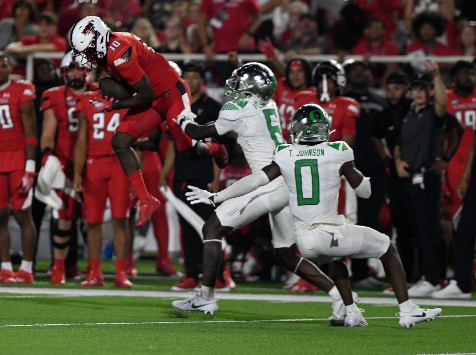 Texas Tech wide receiver Drae McCray catches a pass for 31 yards during the Red Raiders' 38-30 home loss to No. 13 Oregon on Sept. 9. McCray, a transfer from Austin Peay, has seven catches for 82 yards through three games.