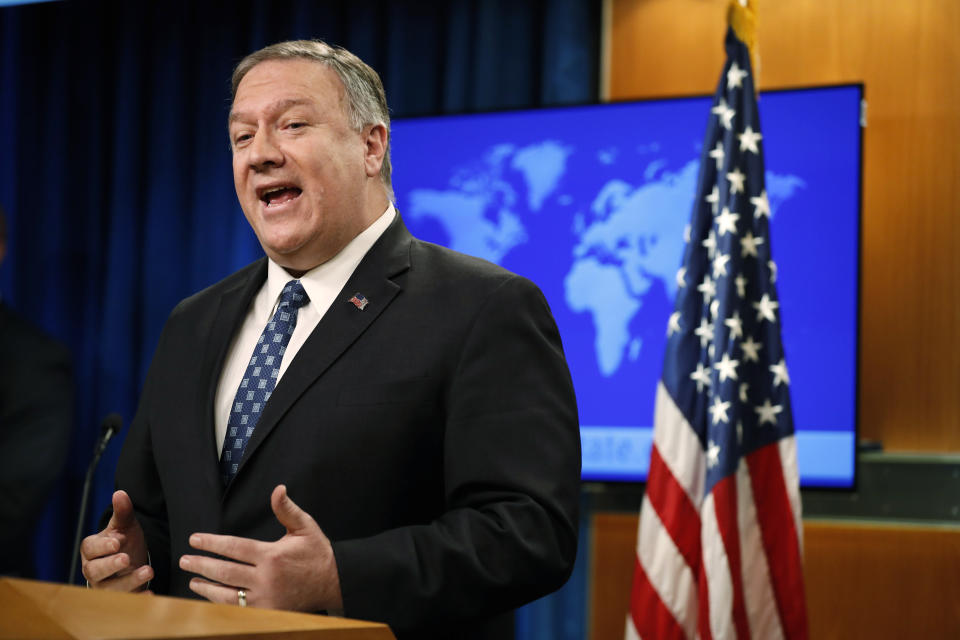 Secretary of State Mike Pompeo speaks about Iran, Tuesday Jan. 7, 2020, at the State Department in Washington. (AP Photo/Jacquelyn Martin)