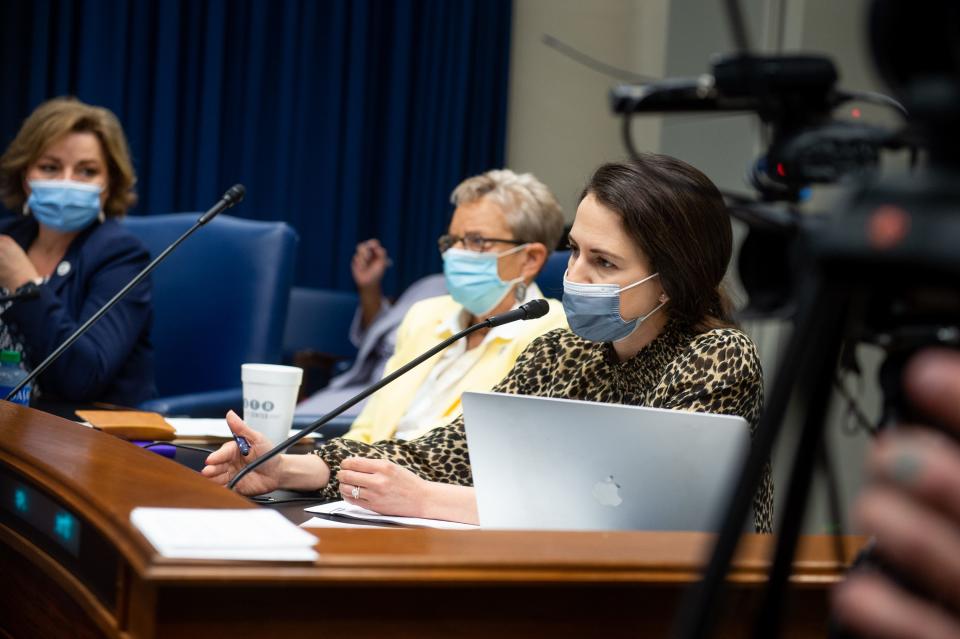 State Representative
Stephanie Hilferty speaking at the Senate Select Committee on Women and Children at the Louisiana State Capitol in Baton Rouge, LA.  Thursday, April 8, 2021.