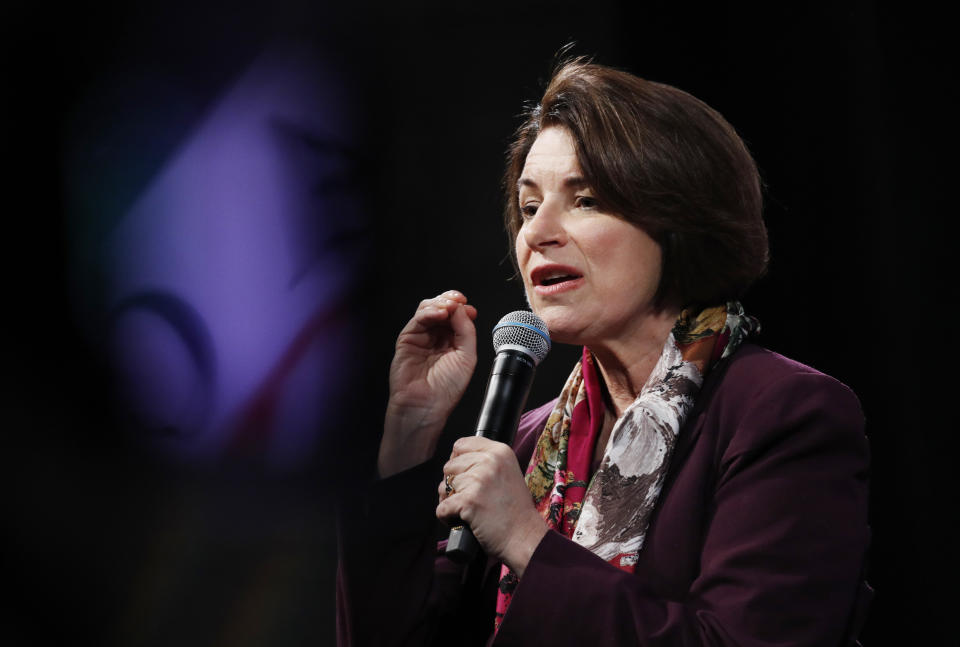 FILE - In this Feb. 13, 2020 file photo, Democratic presidential candidate Sen. Amy Klobuchar, D-Minn., speaks at the LULAC Presidential Town Hall in Las Vegas. On Thursday, March 5, 2020, Klobuchar called for an independent probe of the murder case she prosecuted that sent a teenage Myon Burrell to prison for life. (AP Photo/John Locher)