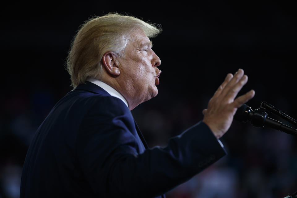 President Donald Trump speaks at a campaign rally at Williams Arena in Greenville, N.C., Wednesday, July 17, 2019. (AP Photo/Carolyn Kaster)