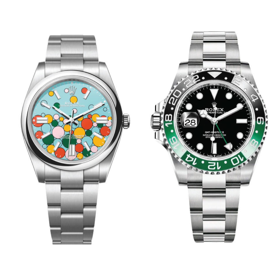 Rolex “Bubble” Oyster Perpetual of 2023 and Left-Handed GMT-Master II “Sprite” from 2022.
