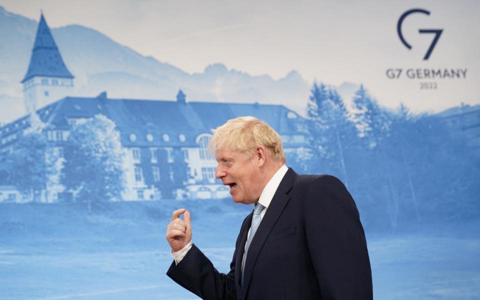 Prime Minister Boris Johnson taking part in TV interviews during the G7 summit in Schloss Elmau, in the Bavarian Alps,  - Stefan Rousseau/PA