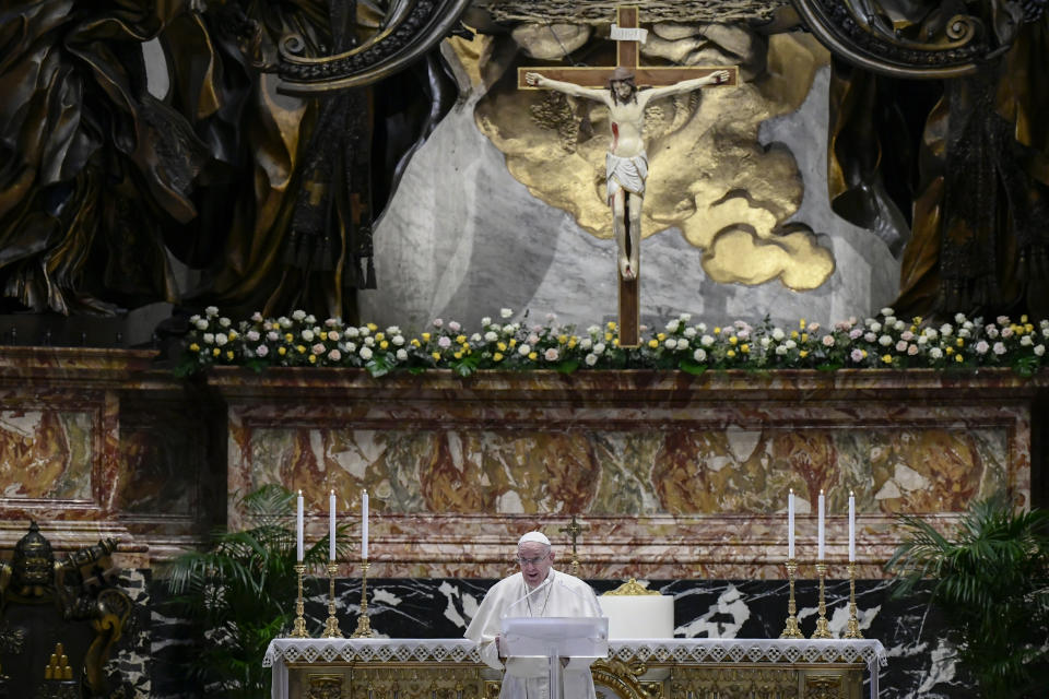 Pope Francis speaks prior to delivering his Urbi et Orbi blessing after celebrating Easter Mass at St. Peter's Basilica at The Vatican Sunday, April 4, 2021, during the Covid-19 coronavirus pandemic. (Filippo Monteforte/Pool photo via AP)