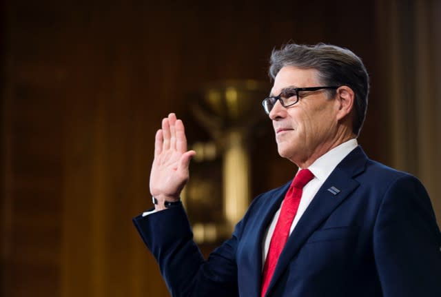 Secretary of Energy nominee former Gov. Rick Perry, R-Texas, is sworn in before testifying during his confirmation hearing in the Senate Energy and Natural Resources Committee on Thursday, Jan. 19, 2016. (Photo By Bill Clark/CQ Roll Call)