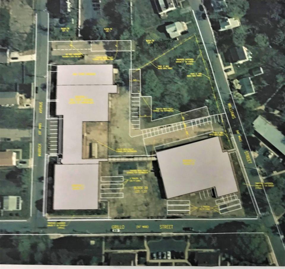 A site plan detailing an industrial property at 20 Warrick Avenue in Glassboro. Independent Freight operates from the property and submitted the site plan to the Zoning Board as part of an ongoing appeal that seeks to permit it to continue using the outdoors area for storage. The bordering roads are Warrick Avenue (left), Grillo Street (bottom), and Williams Street (right). A May 18, 2023 public hearing is scheduled.