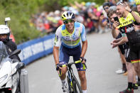 France's Lilian Calmejane leads during stage 1 of the Giro d'Italia from Venaria Reale to Turin, Italy, Saturday May 4, 2024. (Fabio Ferrari/LaPresse via AP)