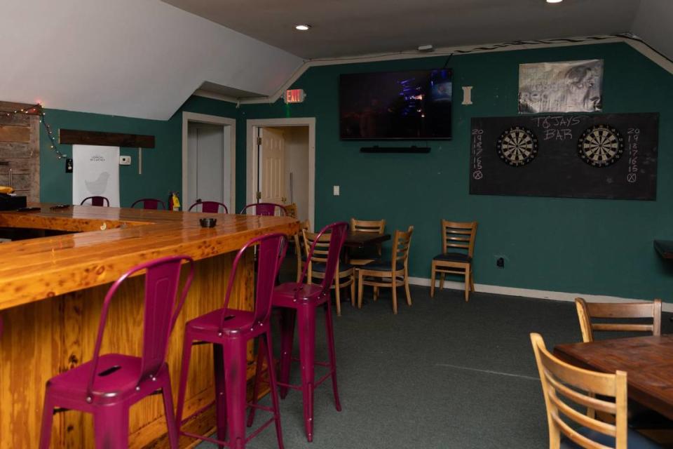 The upstairs of T & Jay’s Bar features darts and additional seating on Tuesday, May 14, 2024, in Macon, Georgia. The newly opened bar off of Zebulon Road honors the memory of Macon local Jay Fly, who passed away from cancer in 2022. (Photo/Katie Tucker ktucker@macon.com) Katie Tucker/ktucker@macon.com