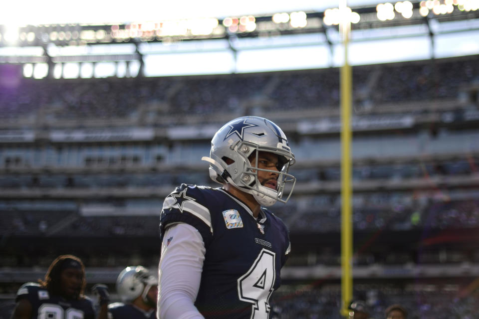 EAST RUTHERFORD, NEW JERSEY - OCTOBER 13:  Dak Prescott #4 of the Dallas Cowboys walks off the field after warm ups prior to the game against the New York Jets at MetLife Stadium on October 13, 2019 in East Rutherford, New Jersey. (Photo by Steven Ryan/Getty Images)