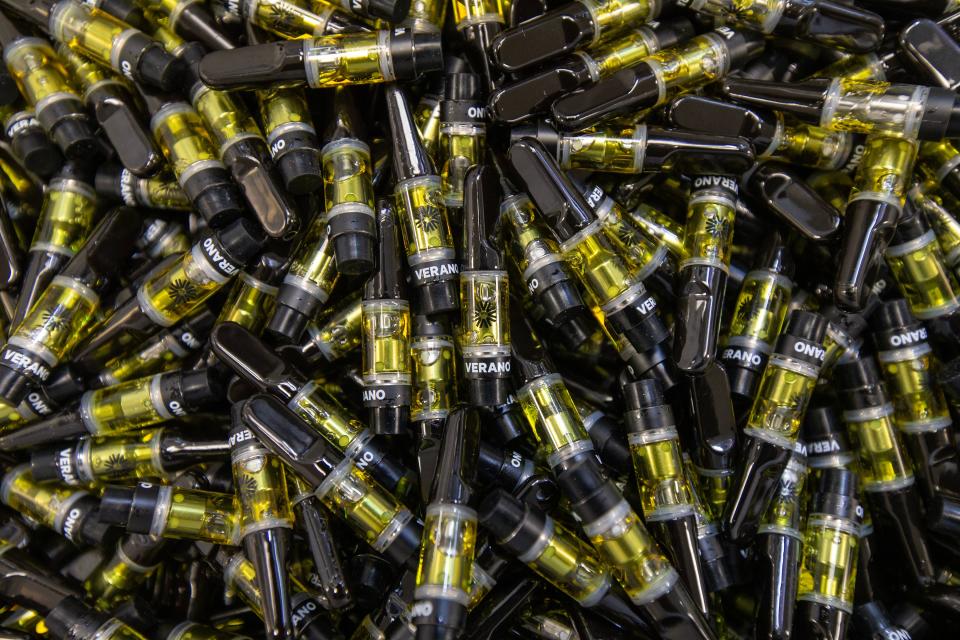 Detail of vape cartridges, which are filled and capped by automated machines at Verano's cannabis cultivation center in Readington.