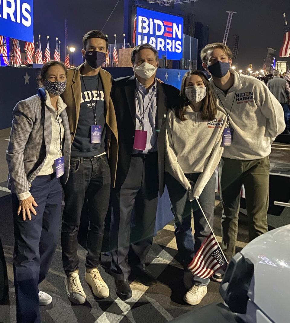 November 2020: L to R: Monica, Mike, Ron, Hannah, and Danny on Biden Victory night speech after being declared the President-elect