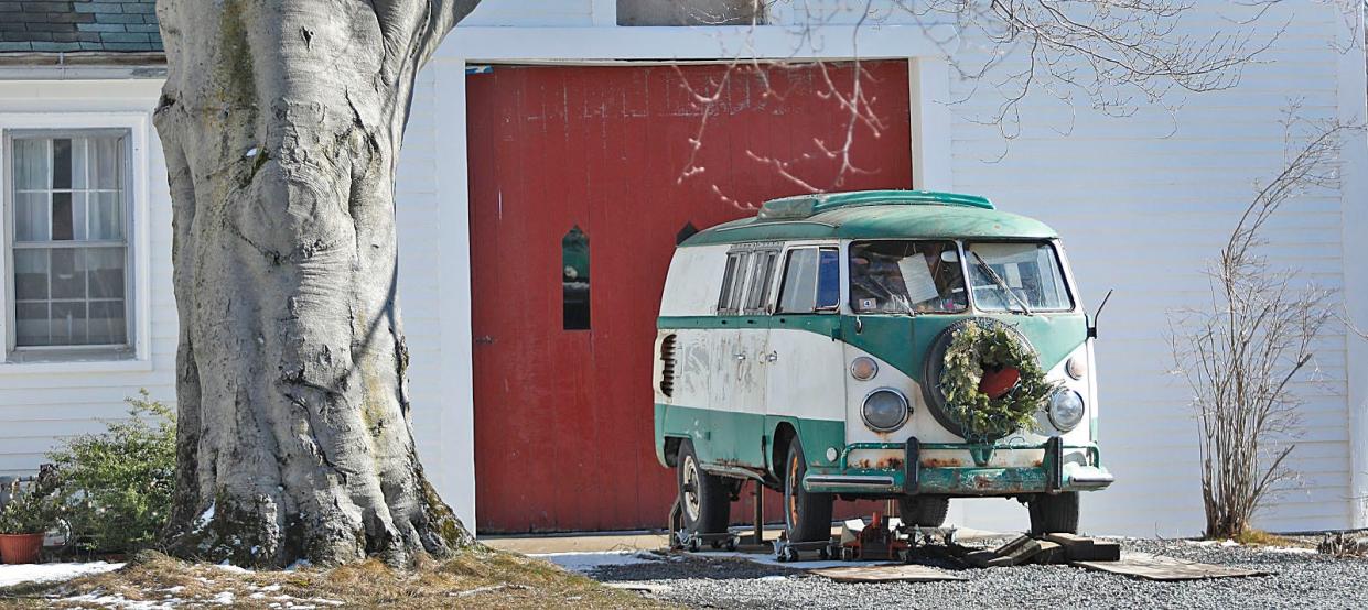 A Volkswagen bus is parked for winter near Jackson Square in Weymouth.