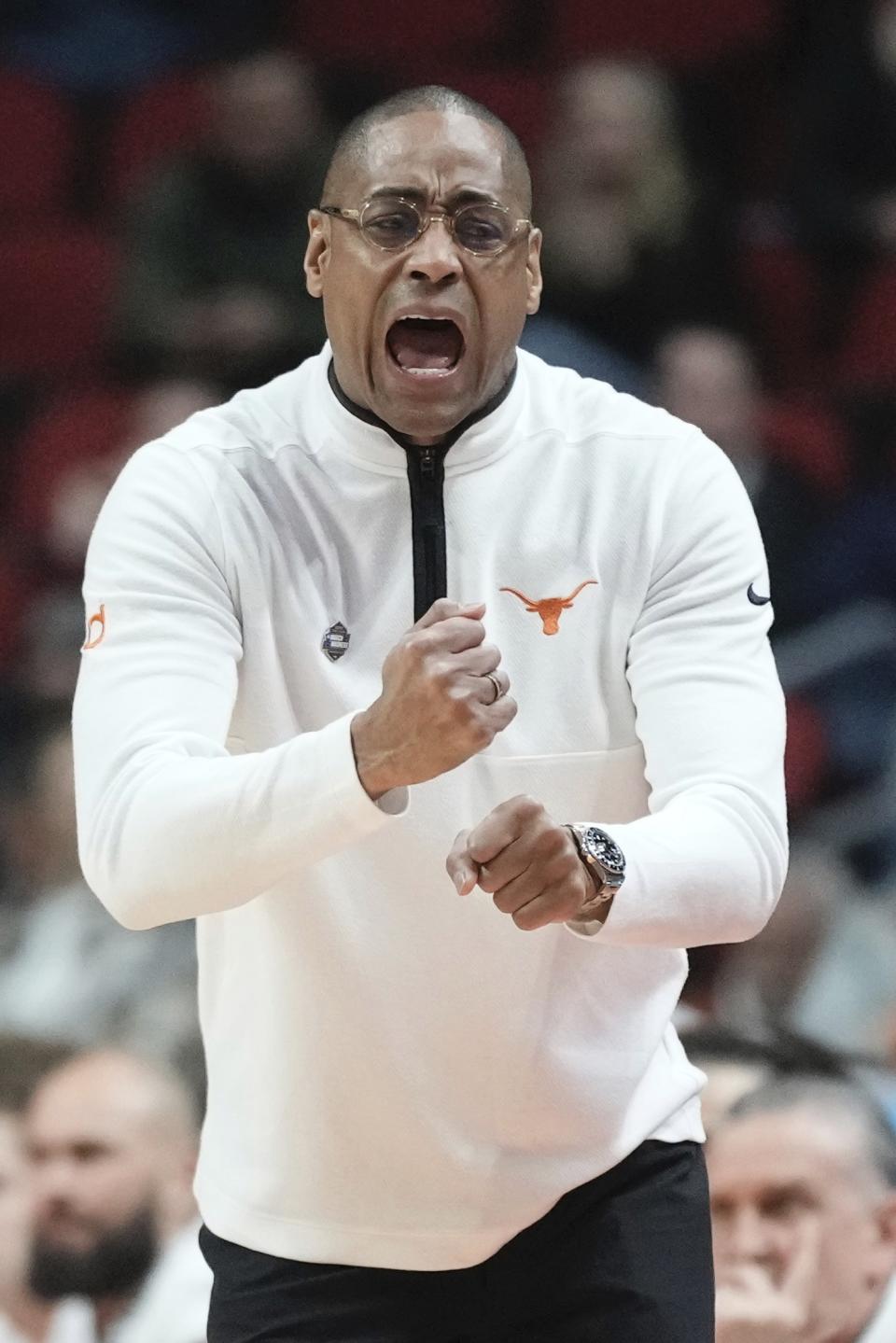 Texas head coach Rodney Terry reacts during the first half of a first-round college basketball game in the NCAA Tournament Thursday, March 16, 2023, in Des Moines, Iowa. (AP Photo/Morry Gash)
