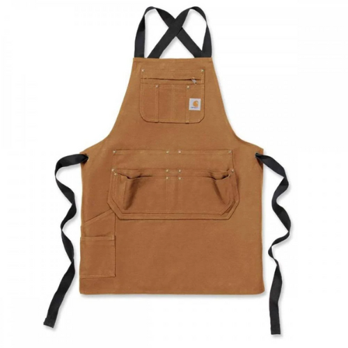 brown and black carhartt apron against white background
