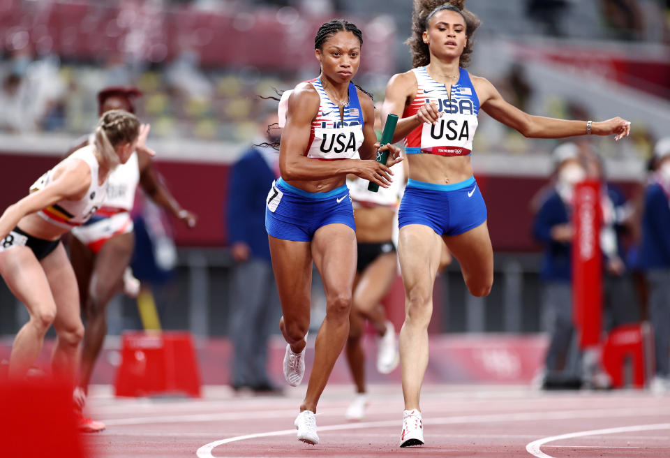 Allyson Felix of Team United States competes in the Women' s 4 x 400m Relay Final on day fifteen of the Tokyo 2020 Olympic Games at Olympic Stadium on August 07, 2021 in Tokyo, Japan. / Credit: Ryan Pierse / Getty Images