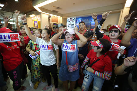 Supporters of Pheu Thai Party react after unofficial results, during the general election in Bangkok, Thailand, March 24, 2019. REUTERS/Athit Perawongmetha