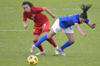 Canada midfielder Jessie Fleming (17) and Brazil midfielder Julia (13) collide while competing for a ball during the second half of a SheBelieves Cup women's soccer match, Wednesday, Feb. 24, 2021, in Orlando, Fla. (AP Photo/Phelan M. Ebenhack)