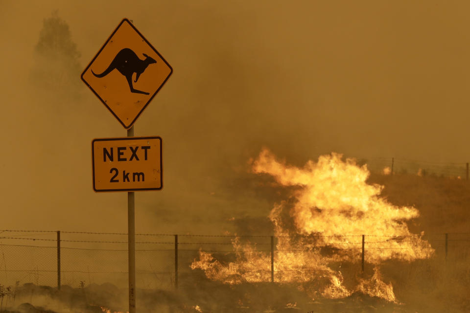 FILE - In this Feb. 1, 2020, file photo a fire burns in the grass near Bumbalong, south of the Australian capital, Canberra. The head of environmental group Greenpeace warned against efforts by countries and corporations to "greenwash" their ongoing pollution of the planet at the upcoming U.N. climate talks. (AP Photo/Rick Rycroft,File)