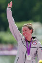 Silver medalist <span>Haley Anderson</span> of the United States celebrates on the podium during the medal ceremony for the Women's Marathon 10km Swimming at Hyde Park on August 9, 2012 in London, England. (Getty Images)