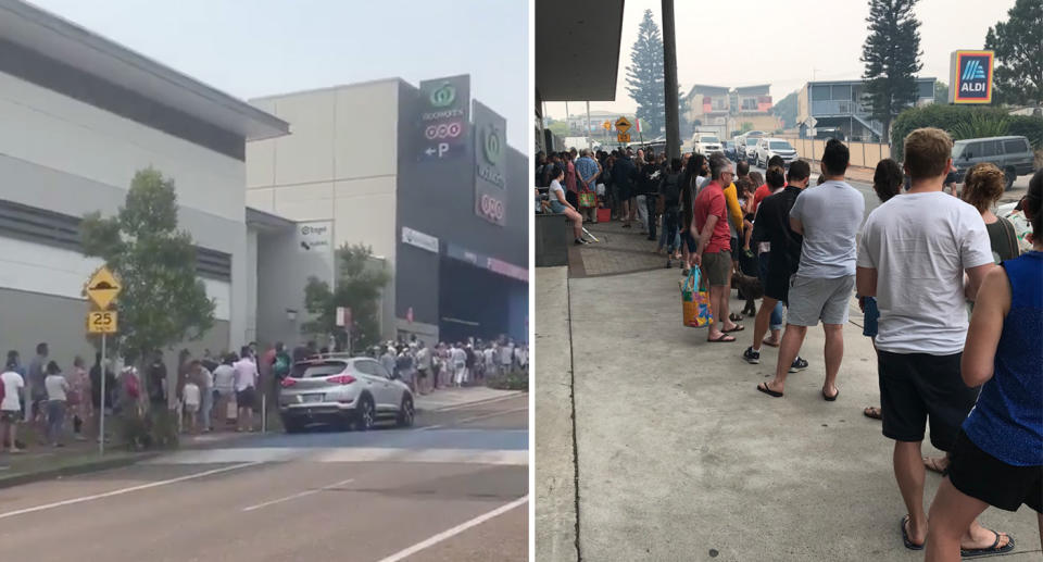 Long queues outside Ulladulla Woolworths as people wait to stock up on supplies on Wednesday.