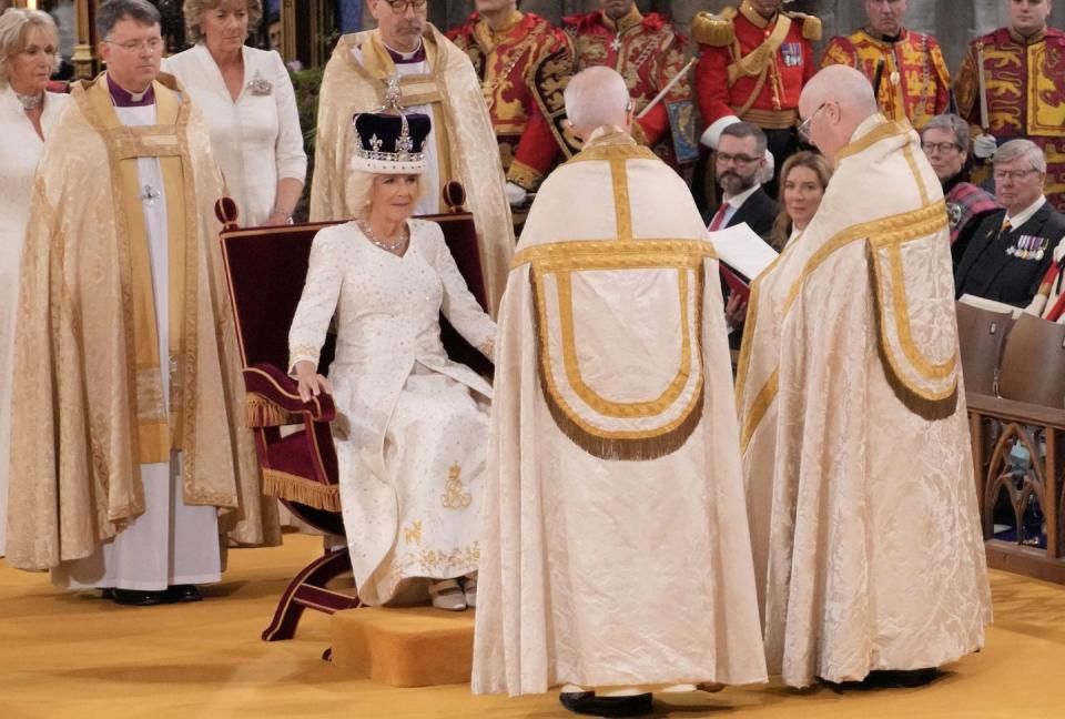 queen camilla is crowned with queen mary's crown during her coronation ceremony at westminster abbey, london picture date saturday may 6, 2023 pa photo see pa story royal coronation photo credit should read jonathan bradypa wire