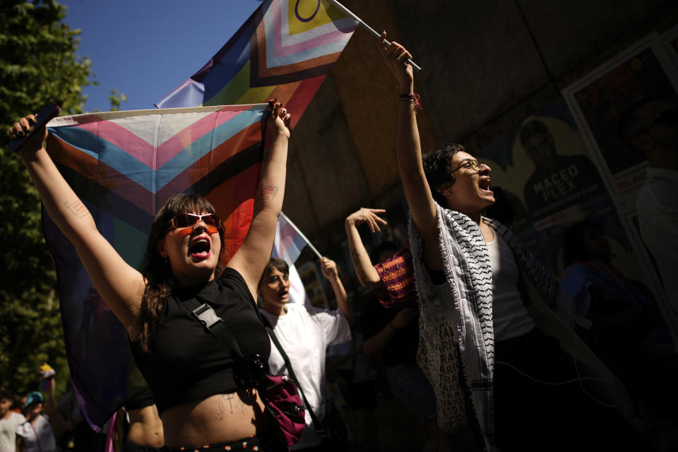 People shout slogans during the annual LGBTQ+ Pride March in Istanbul, Turkey, Sunday, June 30, 2024. (AP Photo/Emrah Gurel)